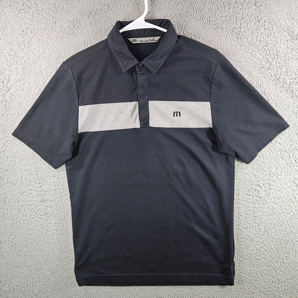 Travis Mathew Mens Short Sleeve Golf Polo Shirt Black Grey Stripe Pima Cotton S